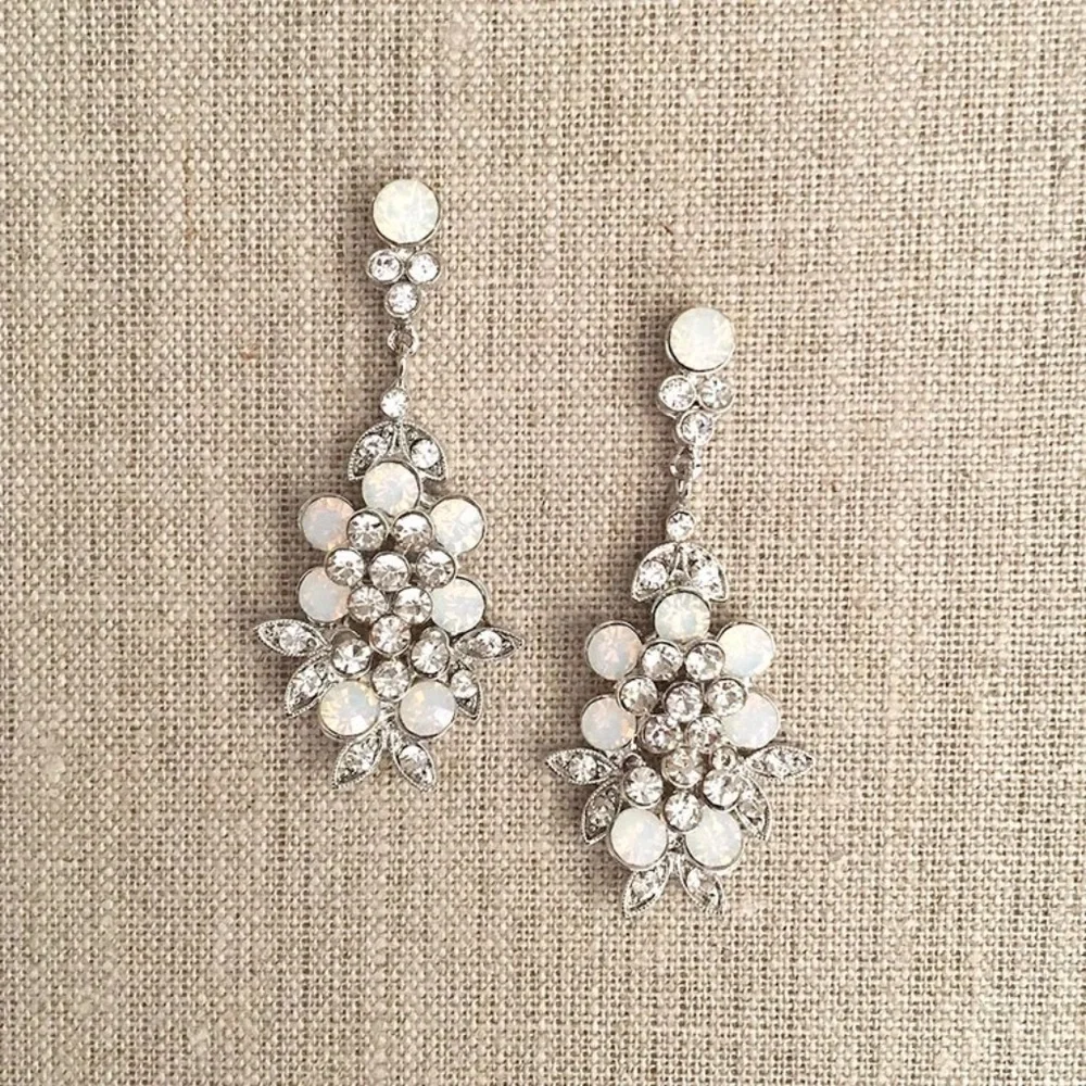 Belle Aire Earrings, Opal Crystal Rhinestone, Silver Tone, New, Wedding, Bridal